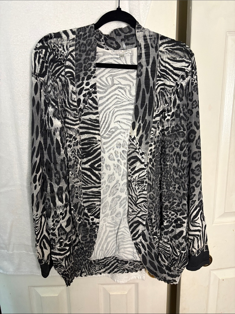 Alberto Makali Black and White Animal Print Open Cardigan